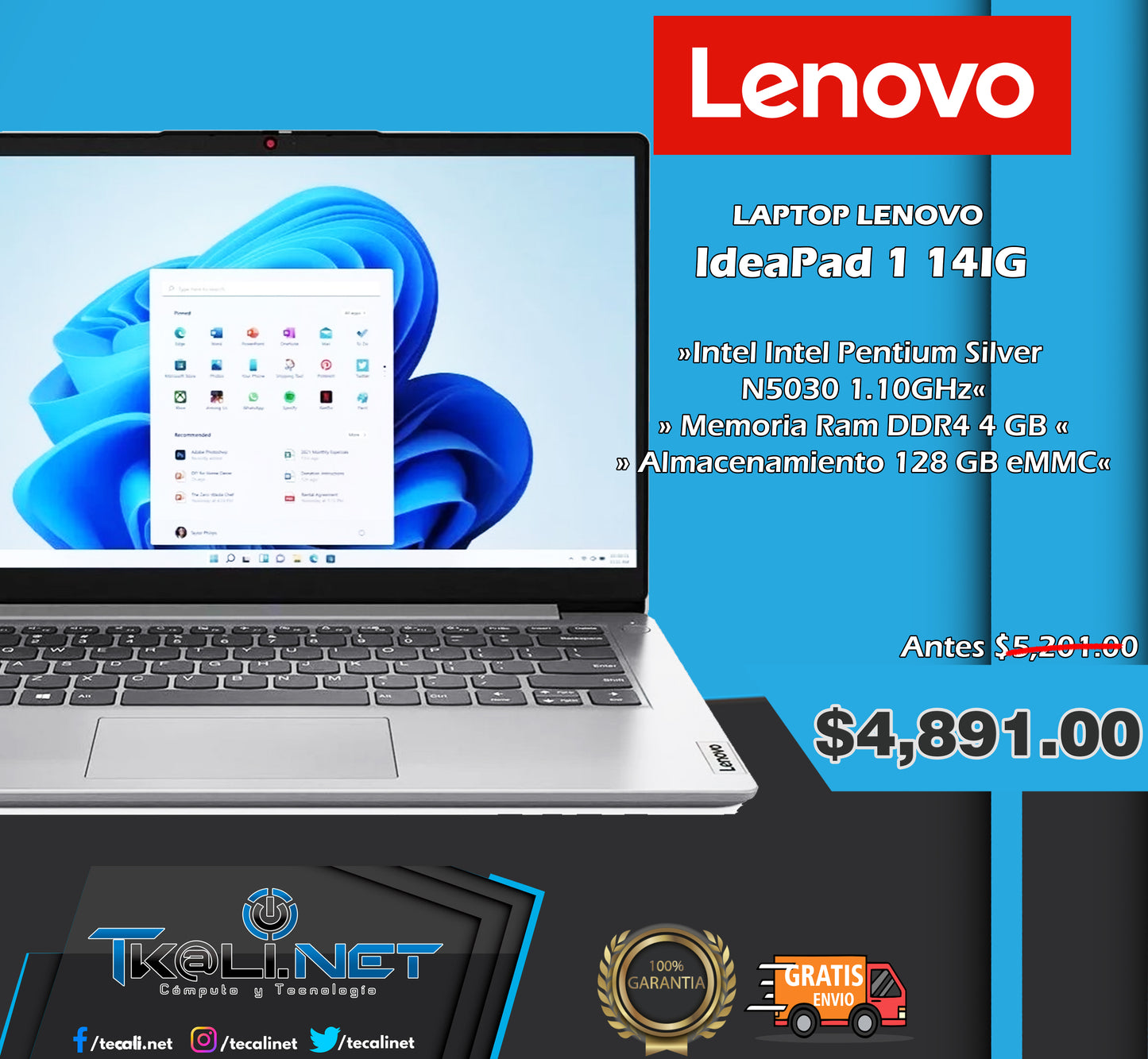 Laptop Lenovo IdeaPad 1 14IGL7 14" HD Intel Pentium Silver N5030 1.10GHz, 4GB, 128GB eMMC