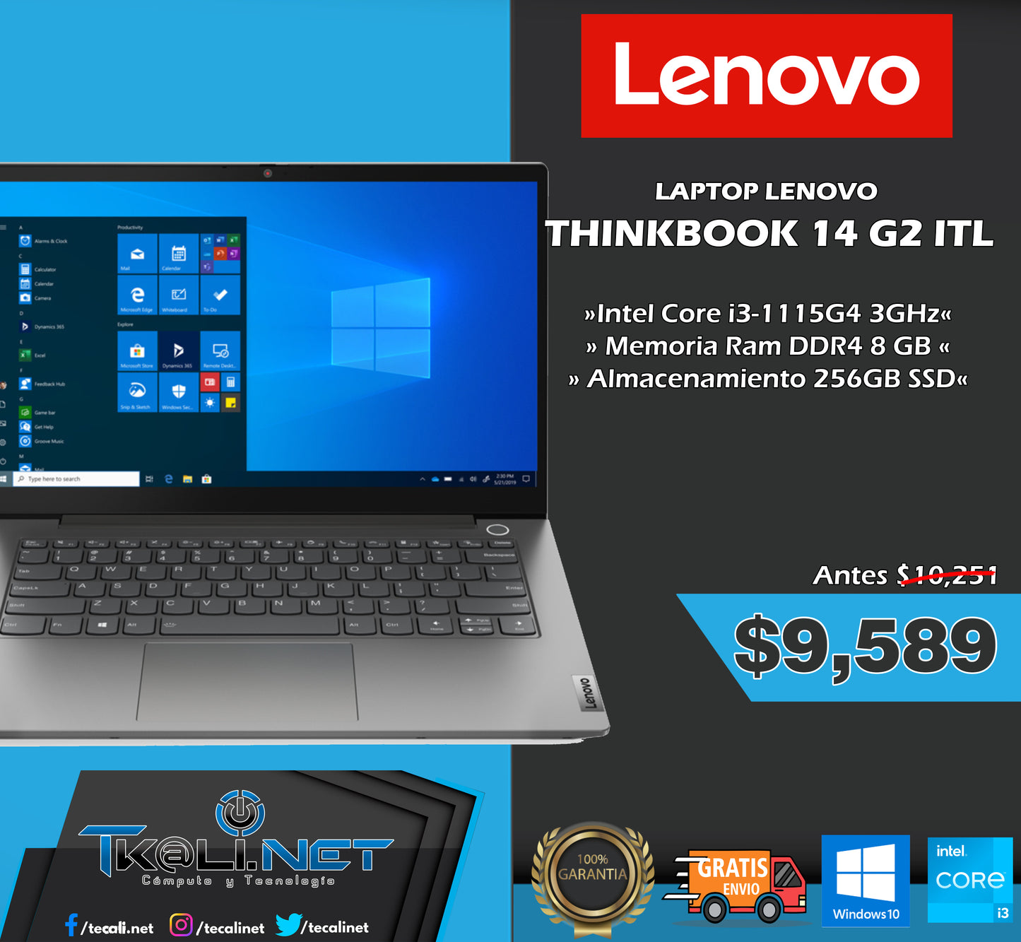 Laptop Lenovo ThinkBook 14 G2 ITL 14" Full HD, Intel Core i3-1115G4 3GHz, 8GB, 256GB SSD, Windows 10 Pro 64-bit, Español, Gris
